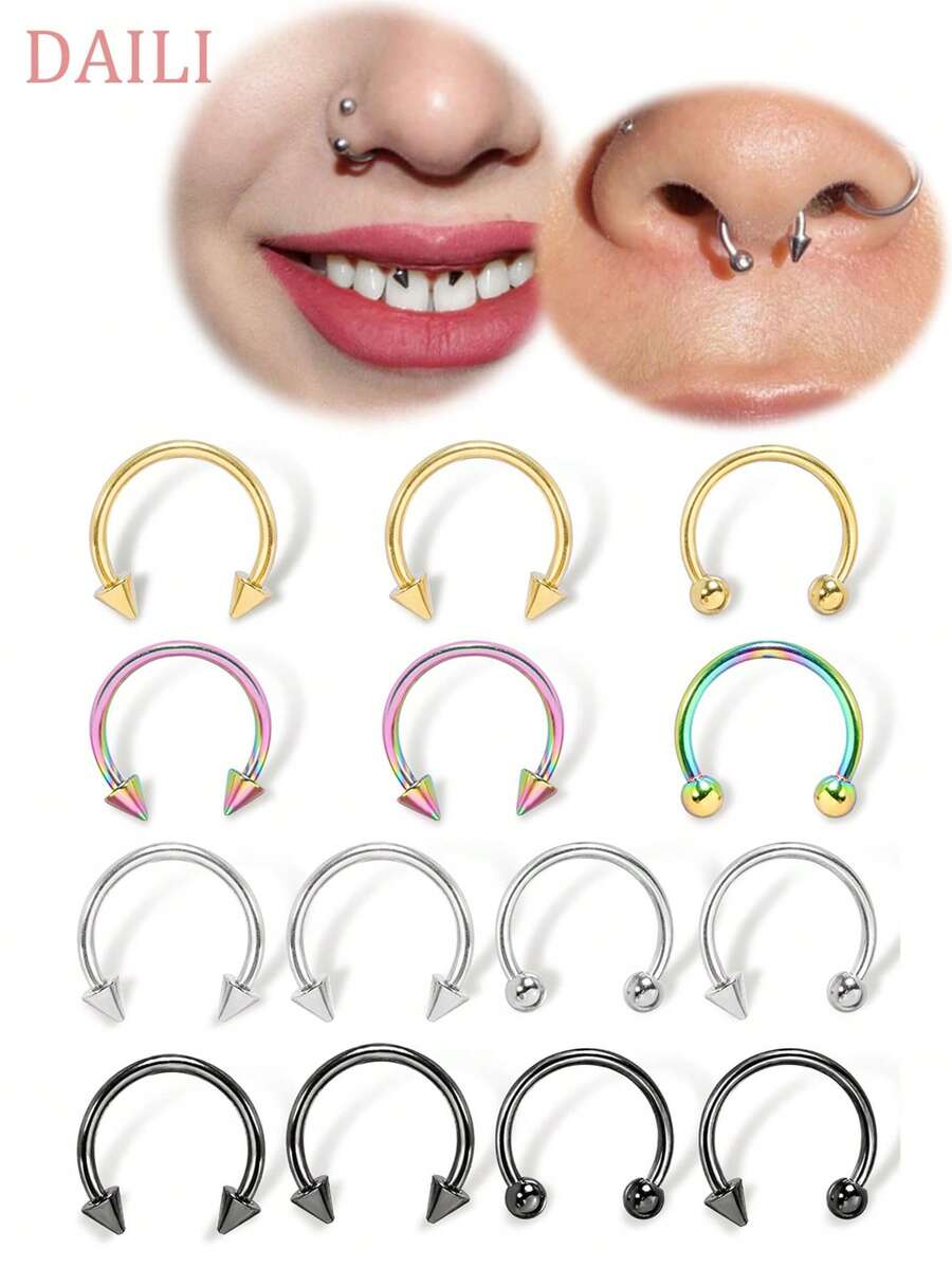 14pcs/Set Septum Nose Rings/Hoops (18G/16G Horseshoe & Round Rings And Lip Rings), Suitable For Women's Nose Piercing And Cartilage Piercing, Made Of Low-Allergenic 316L Stainless Steel, Multi-Color Mixed Set (Including 8mm And 10mm Sizes) - Multicolored Nose Ring - View 1