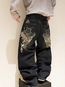 1pc Justice Brother Casual Personalized Multi-Color Embroidered Niche Design Men's Black Denim Jeans, Fashionable Wide-Leg Pants, Comfortable Loose Trousers (Belt And Accessories Not Included) - 黑色 - 查看 3
