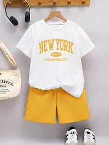 2pcs/Set Boys' Casual College Style Letter Graphic Round Neck T-Shirt And Shorts Set, Suitable For Commuting, School, Daily Casual, Sportswear, Spring/Summer, Yellow Shorts Set For Boys - Yellow - View 3
