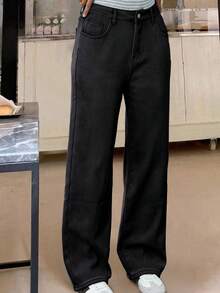 Streetwear Straight Leg Slant Pocket Thickened Denim Thermal Lined Low Rise Jeans Autumn Winter Warm Pants Y2K Music Festival - Black - View 6