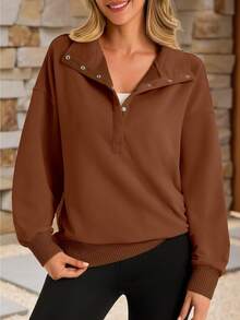 Fisoew Women's Oversized Sweatshirt Pullover - Long Sleeve Snap Button Henley Neck Loose Fit Top | Y2K Grunge, Clean Girl Aesthetic, Athleisure | Casual Fall Fashion - 咖啡 - 查看 3