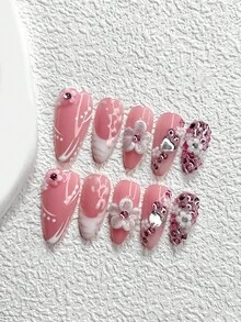 10pcs Shiny Pink Nail Art Set, White 5-Petal Flower Press-On Nail Stickers, Pink Leopard Print Decorations, Heart-Shaped Nail Accessories, Romantic Theme Nail Art, 3 Sizes Available: Almond, Square, Stiletto Nail Stickers, Suitable For Parties, Weddings, Dates And Daily Wear, Includes Tool Kit (1 Jelly Sticker + 1 Nail File), An Excellent Nail Art Gift For Women And Girls. Nails Nail Supplies Handmade Press On Nails - 彩色 - 查看 14