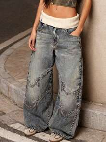 Elegant And Stylish Denim Going-Out Outfits, American Retro Denim Jeans For Spring To Summer, Vintage Patchwork Jeans Vacation Outfits Women, Casual Wide-Leg Denim Trousers, Valentine'S Day Outfits For Women, With Pockets, Mediu - 藍色 - 查看 7