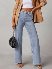 Faded Light Blue High Waist Wide Leg Jeans, Relaxed Fit Cotton Denim Fabric, Versatile All-Match Style For Everyday Wear, Spring & Autumn - Blue - View 5