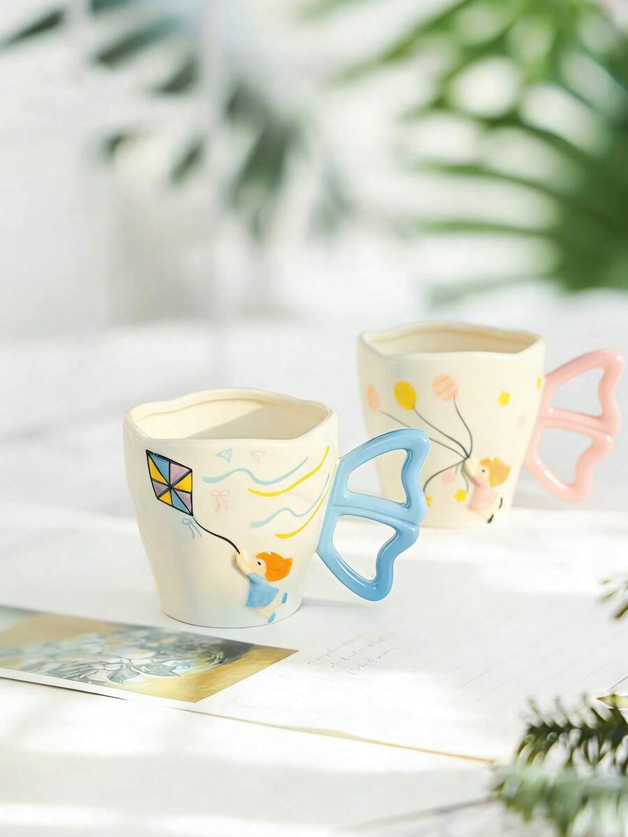 1pc Creative Hand-Painted & Hand-Molded Girl Flying Kite Ceramic Coffee Mug, Milk Breakfast Cup For Home Use