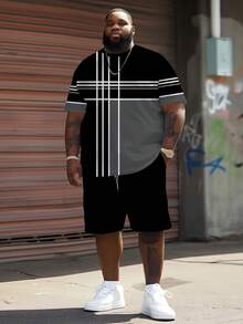 Men's Street Casual Sports Set - "Multicolor Line Geometric" Pattern Design, Polyester Knit Fabric, Round Neck, Drawstring Shorts, Pockets, Regular Fit, Suitable For Plus Size - Multicolor - View 1