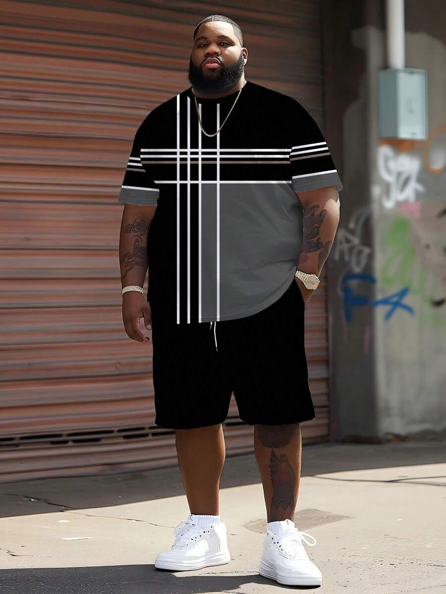 Men's Street Casual Sports Set - "Multicolor Line Geometric" Pattern Design, Polyester Knit Fabric, Round Neck, Drawstring Shorts, Pockets, Regular Fit, Suitable For Plus Size - Multicolor - View 1