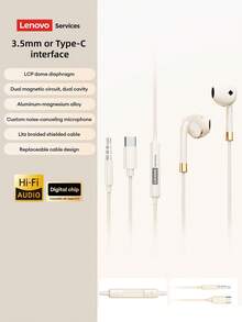 Lenovo YF36 Wired Earphones, Half In-Ear Type-C Surround Sound Earbuds For Music, Sports, Gaming, Karaoke, Calls With Microphone And Noise Cancellation, 3.5mm Compatible With Computers, Laptops, IOS 15/16/17 - Beige - View 1