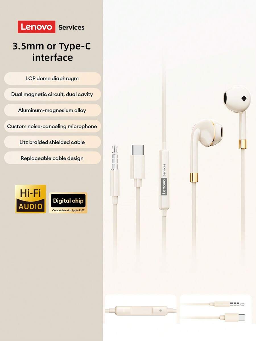 Lenovo YF36 Wired Earphones, Half In-Ear Type-C Surround Sound Earbuds For Music, Sports, Gaming, Karaoke, Calls With Microphone And Noise Cancellation, 3.5mm Compatible With Computers, Laptops, IOS 15/16/17 - Beige - View 1