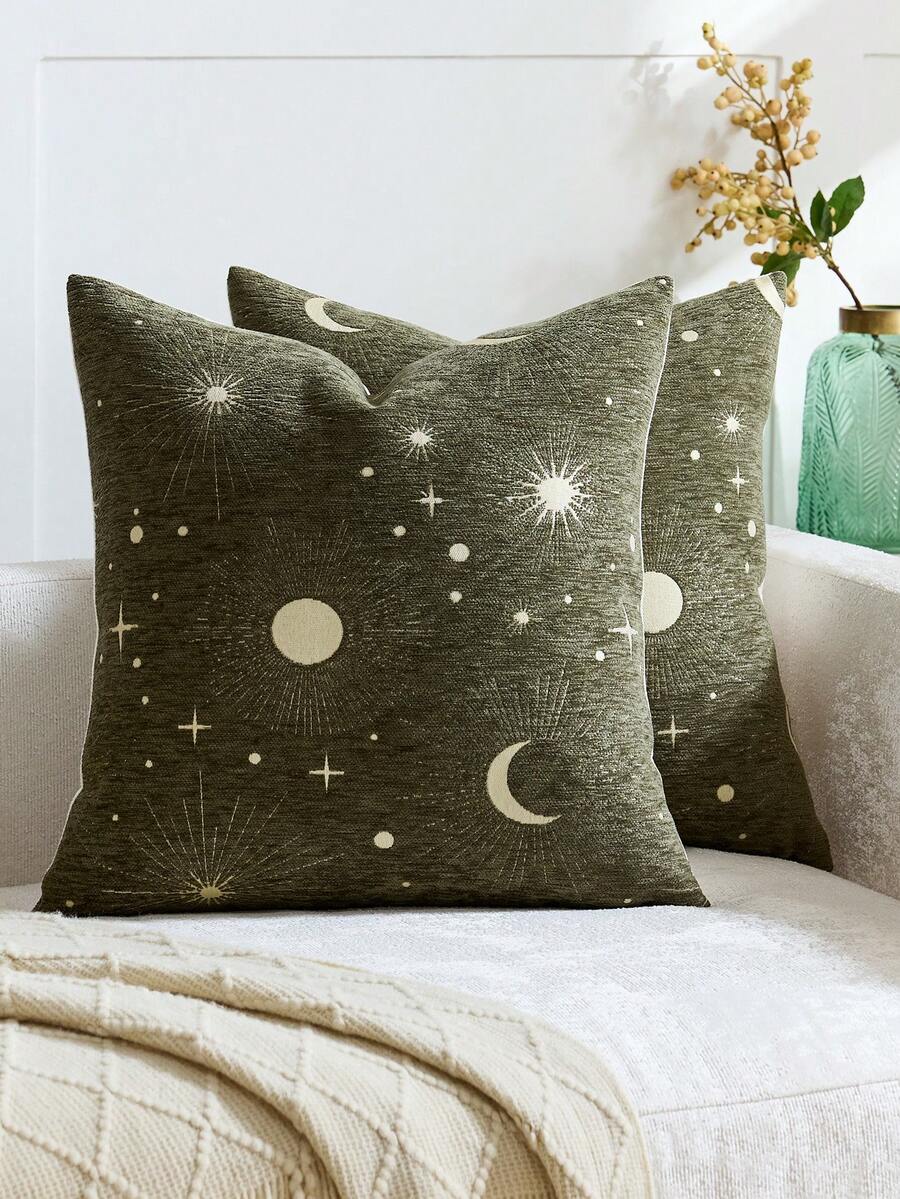 1 chiếc vỏ gối màu xanh ô liu (không kèm ruột gối) họa tiết sao và trăng, chất liệu chenille hiện đại, thoải mái, dệt jacquard chỉ vàng, trang trí ngày lễ Ramadan, phù hợp trang trí nhà cửa hàng ngày, ghế sofa, giường, phòng ngủ, trang trí ngày lễ Ramadan, mọi mùa. - Màu xanh Ô liu - Xem 1