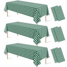 6 Pcs Dark Green Gingham Tablecloth Decorations, Disposable Plastic Green Checkered Tablecloth Buffalo Plaid Table Cover For Ba By Shower Bridal Wedding Birthday Party Supplies,54 X 108 Inch,DarkGreen - 深綠色 - 查看 1
