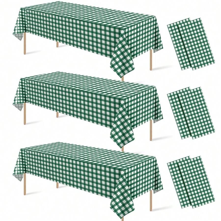 6 Pcs Dark Green Gingham Tablecloth Decorations, Disposable Plastic Green Checkered Tablecloth Buffalo Plaid Table Cover For Ba By Shower Bridal Wedding Birthday Party Supplies,54 X 108 Inch,DarkGreen - 深綠色 - 查看 1