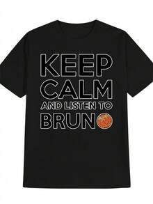 Camiseta gráfica casual para hombres - Imprime "Mantén la Calma y Escucha a Bruno" con diseño de baloncesto naranja, camiseta de verano de cuello redondo negro, ajuste regular, lavable a máquina para atuendo casual - Negro - Ver 1
