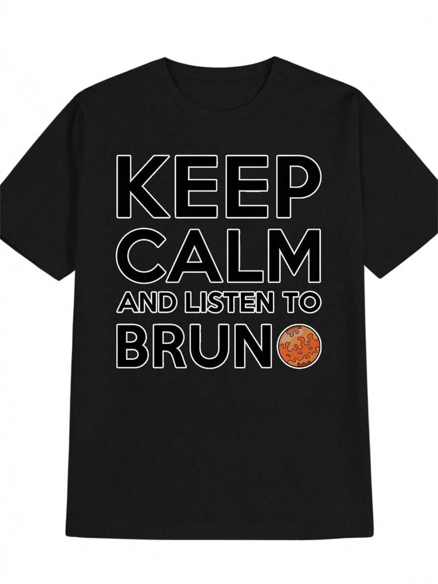 Camiseta gráfica casual para hombres - Imprime "Mantén la Calma y Escucha a Bruno" con diseño de baloncesto naranja, camiseta de verano de cuello redondo negro, ajuste regular, lavable a máquina para atuendo casual - Negro - Ver 1