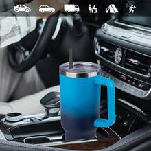 40 Oz Tumbler With Handle And Straw Stainless Steel Tumbler With Lid And Straw Reusable Vacuum Insulated Cup Travel Coffee Mug Blue Gradient 1Pack - 杏色 - 查看 7