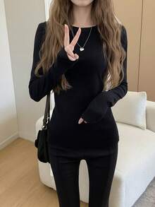 宽松卷边长袖T恤，修身薄款打底衫，黑色春季款 - 黑色 - 查看 3