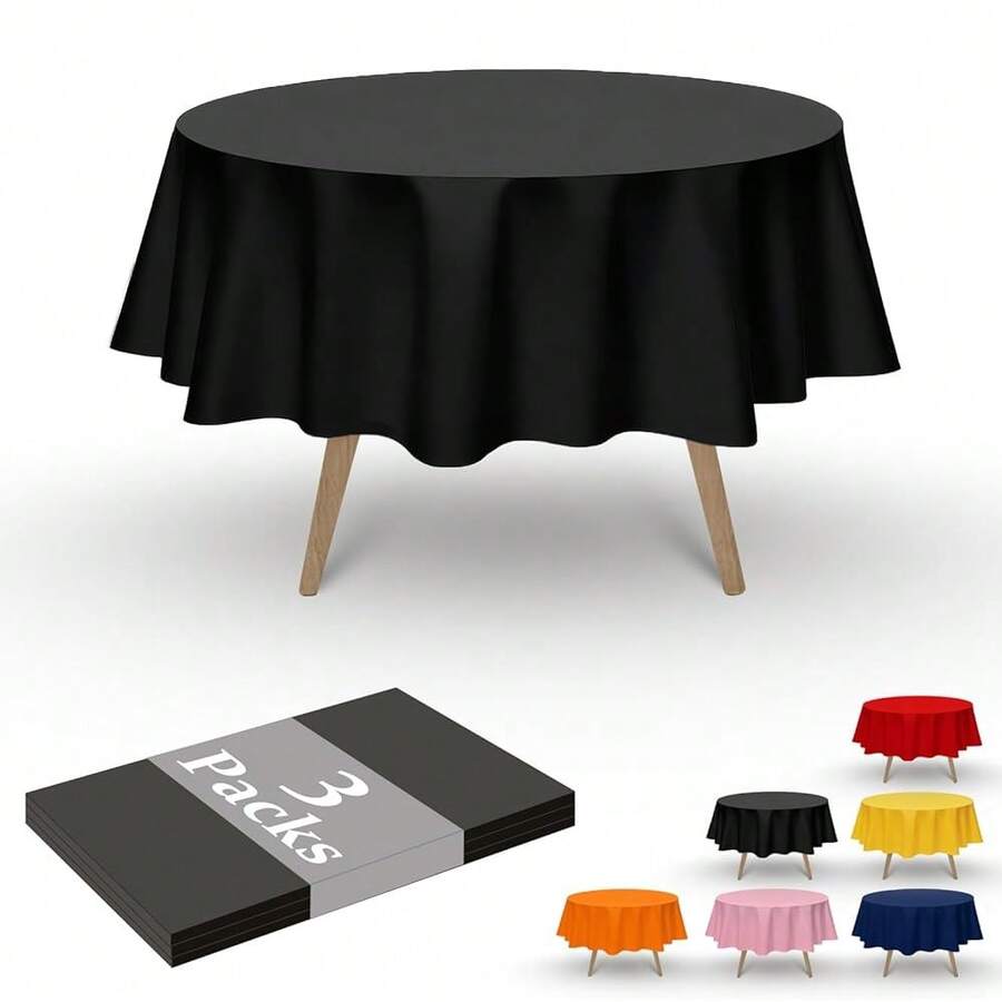 FULDGAENR 3 Packs Black Plastic Round Table Cloth, Disposable Black Tablecloths Plastic 84 Inch Size For Round Table Indoor/Outdoor Parties Birthdays Weddings Anniversary - 3 Packs,3384inchRound - 3384英吋圓形 - 查看 1