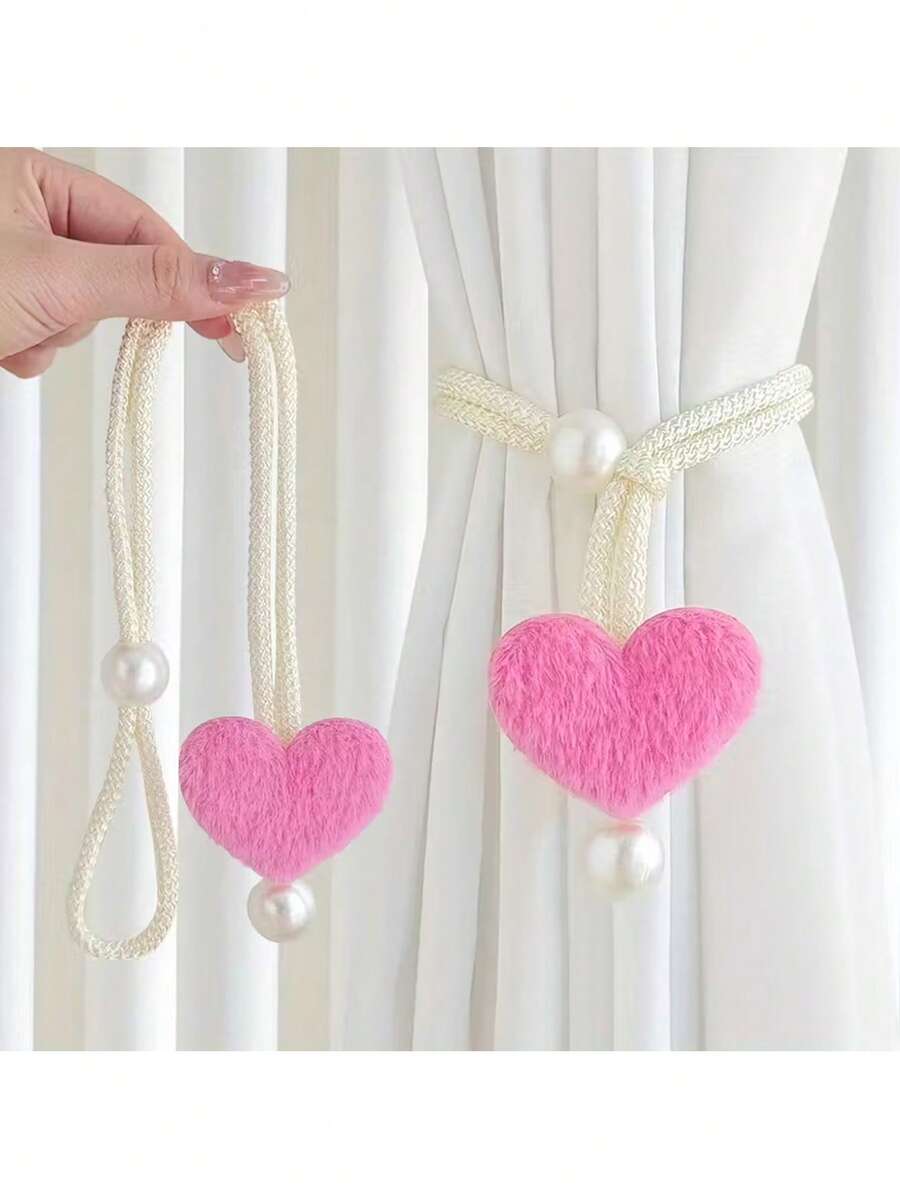 2 pièces Embrasses de rideaux élégantes - Design cœur rose doux et beige, convient pour le salon, la chambre, le café - Matériau en polyester durable, embrasses de rideaux de décoration moderne pour la maison, accessoires pour le salon et la chambre, style contemporain, texture douce, embrasses décoratives, choix des décorateurs d'intérieur - Multicolore - Voir 1