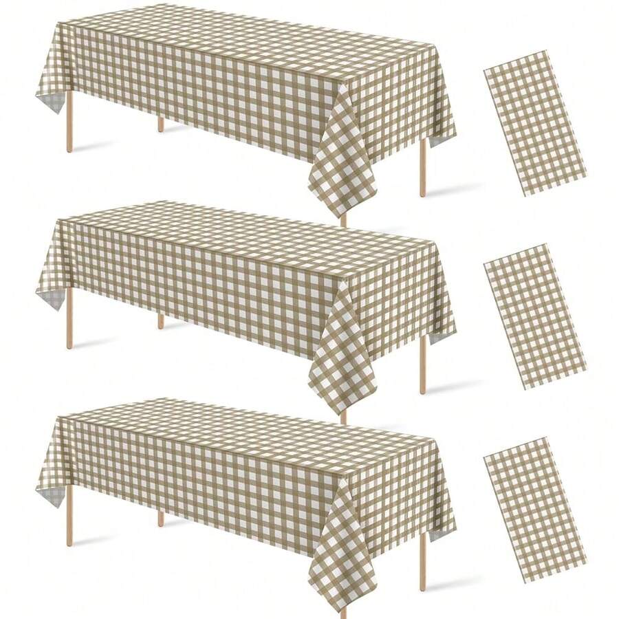 3 Pcs Khaki And White Checkered Tablecloth Decorations, Disposable Plastic Khaki Gingham Tablecloth Buffalo Plaid Table Cover For Ba By Shower Bridal Wedding Birthday Party Supplies,54 X 108 Inch,KhakiandWhite - 卡其色和白色 - 查看 1