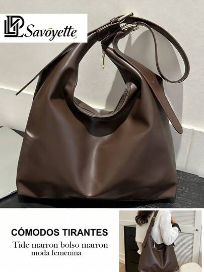 [Savoyetee] Bolso Cruzado De Mujer De Piel Sintética Pu De Color Sólido.Bolso de hombro grande para mujer, nuevo diseño de moda, elegante y con estilo.Bolso de hombro vintage de gran capacidad y unicolor suave para mujeres, bolso de bandolera versátil con asa, bolso de hombro tipo hobo de gran capacidad, bolso de bandolera grande casual para trabajo(marrón)