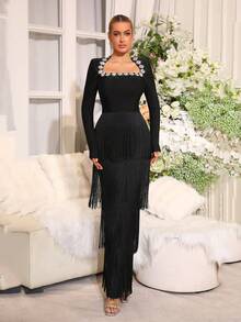 Modphy Sexy Women's Square Neck Rhinestone Embellished Long Sleeve Bodycon Waist Tassel Dress, Formal Evening Gown - Black - View 1