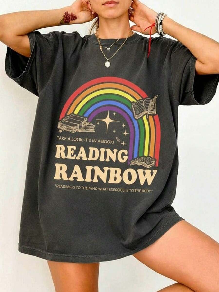 Reading Rainbow Tshirt, Retro Librarian Shirt, Teacher Appreciation, Retro Rainbow School Tee, Book Lover Gift, Bookworm - 黑色 - 查看 1