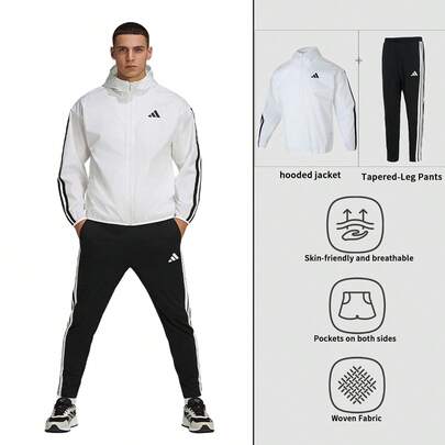 Adidas [Chándal para hombre] Chaqueta antidesgarro M 3S WB (con capucha tejida) + Pantalón deportivo cónico de punto M 3S SJ TO PT (para uso diario/casual)
