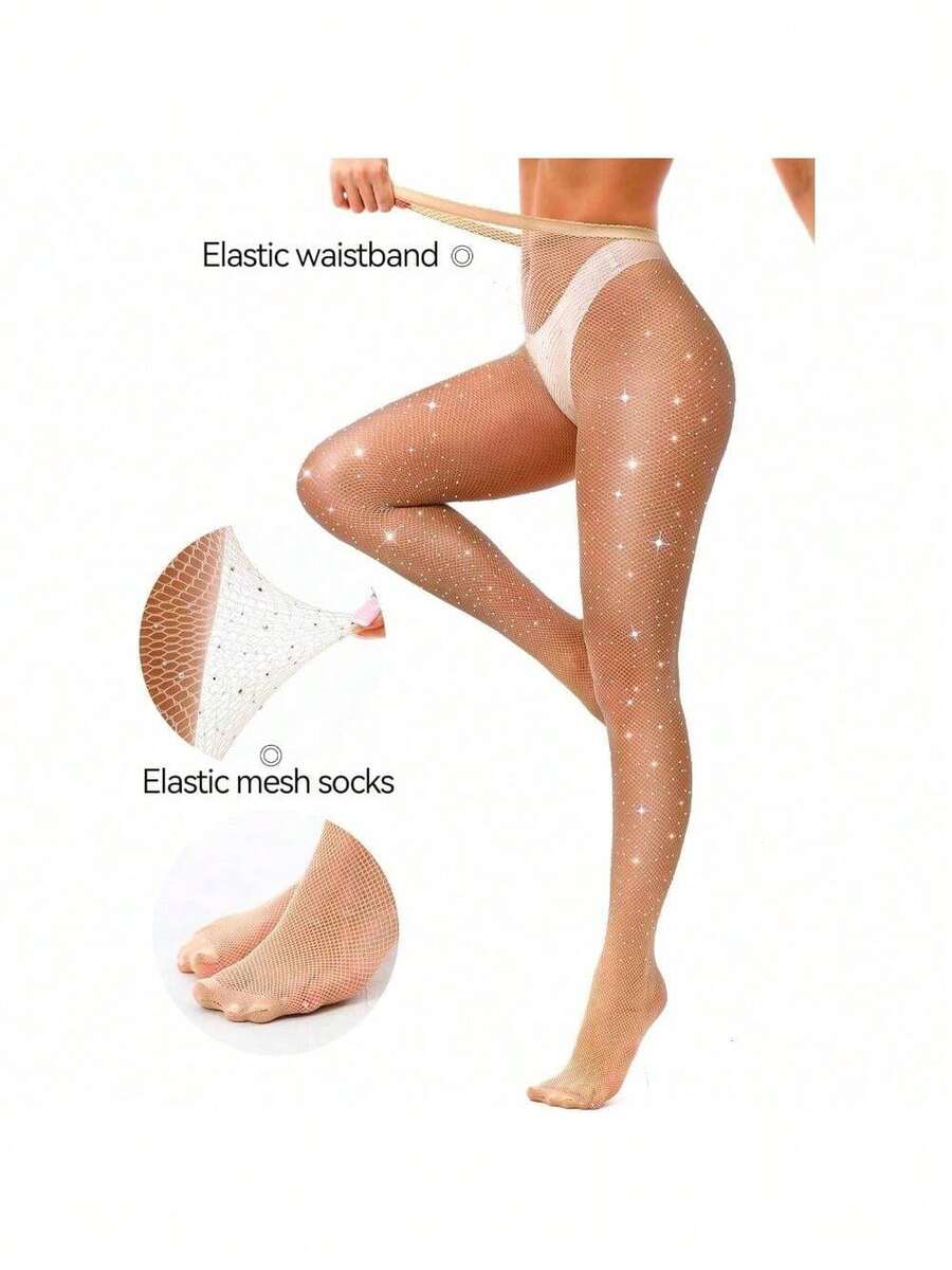 New Sexy Colorful Crystal Rhinestone Fishnet Pantyhose, Shiny Glitter Hollow Tights, Nightclub Style - 1pcs膚色 - 查看 1