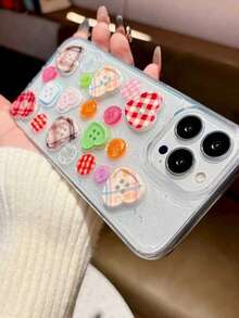 Cute 3D Button Plaid Transparent Epoxy Resin Soft Phone Case, Suitable For IPhone 16/15/14/13 Pro Max/17/17 Pro/17 Pro Max, Fashionable Adorable Shockproof Back Cover For Girls - Multicolor - View 5