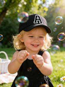 1顶儿童个性化A-Z字母棒球帽，时尚刺绣棒球帽，男女童通用，柔软透气材质，适合儿童户外活动，如海滩、公园、游乐场等，防晒保暖。 - 黑色 - 查看 4