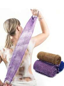 African Mesh Exfoliating Back Long Net Bath Scrub Towel Set,Double-Sided For Gentle,Rough Exfoliation, Effective Body Scrub, Back Scrubber For Shower Use,Premium Mesh Material, Convenient Strap Towel Design, Loofah Towel, Body Sponge For Smooth Skin,Great For Daily Use(Black,Blue, Purple) - 紫色 - 查看 1