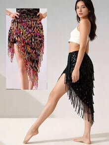 Triangle Sequin Belly Dance Skirt Belly Dance Long Tassel Hip Scarf Festival Costume Women's Latin Dance Skirt With Sequin Tassel Hip Scarf - Multicolor - View 2