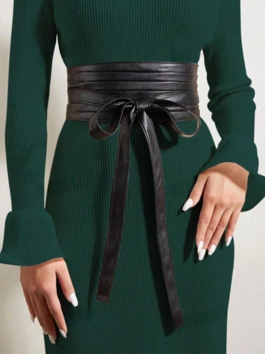 1 pieza Cinturón de mujer casual de unicolor de PU con nudo en la cintura, estilo palaciego de cinta negra para la cintura, elegante bohemio de cintura ancha, adecuado para vestidos, fiestas, festivales de música - Negro - Ver 1