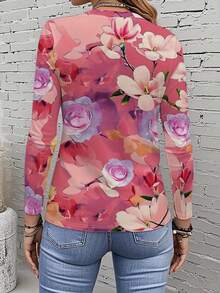 Women's Full-Body Multicolor Floral Print T-Shirt With Pink Roses & Peonies - Oversized Round Neck Long Sleeve Blouse, All-Over Flower Pattern Top, Machine Washable Spring/Fall Layering Piece For Casual & Dressy Outfits - 彩色 - 查看 6