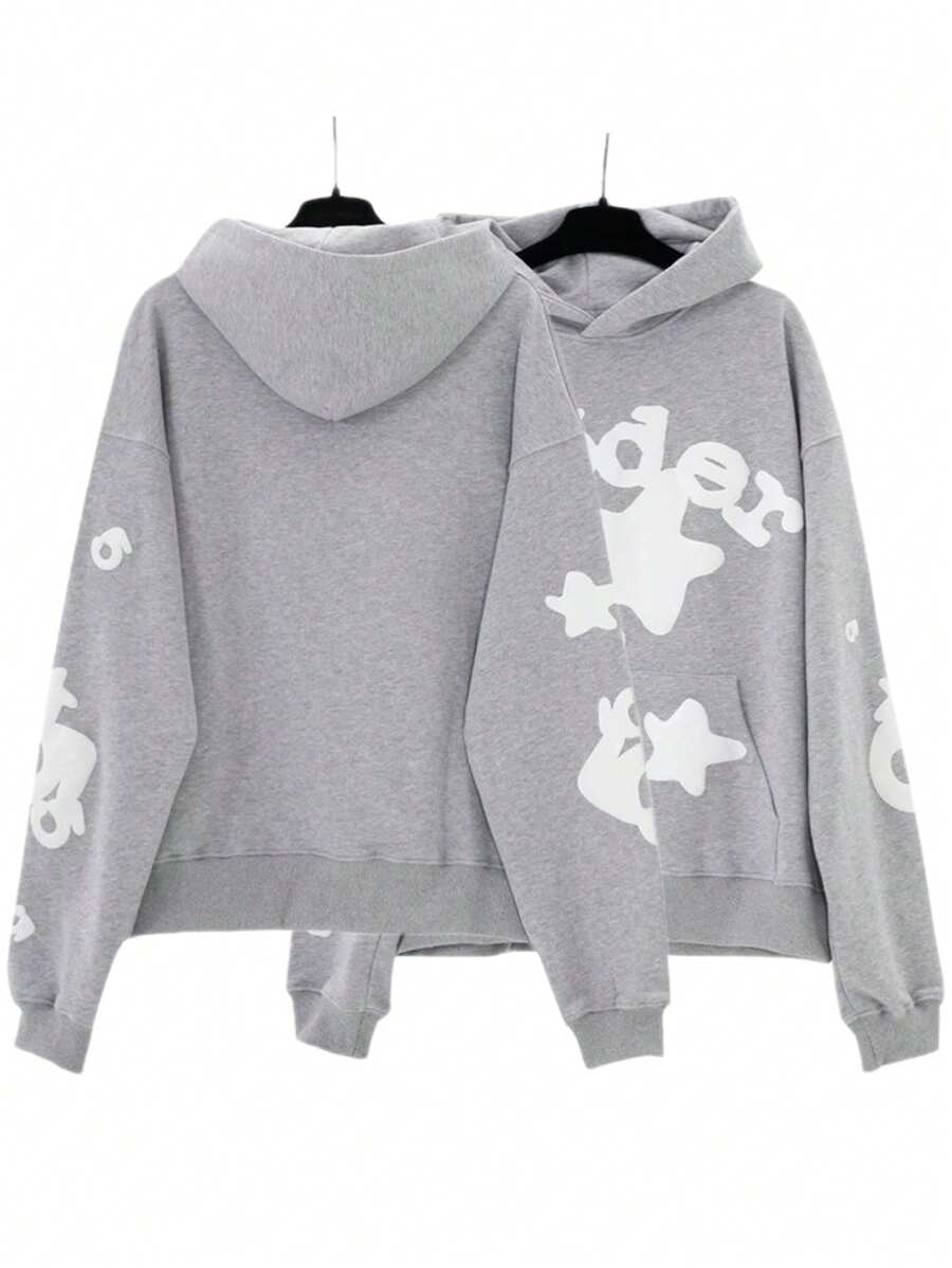 Star Printed Casual Hooded Long Sleeve Sweatshirt Graduation,Back To School,Graduation,Women's Teacher Outfits,Back To School Outfits - Xám - Xem 1