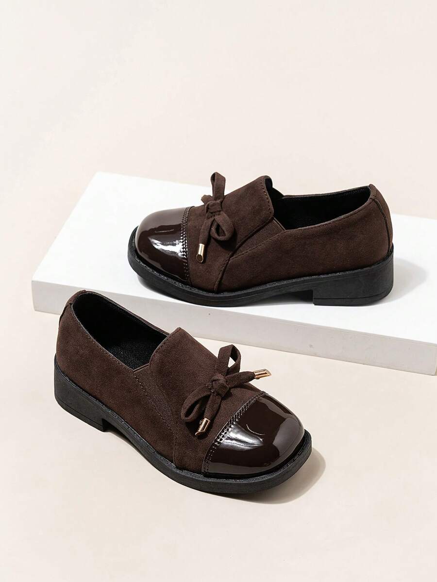 1 Pair Girls' Bowknot Patchwork Flat Heel Casual Shoes, Simple Design For Kids