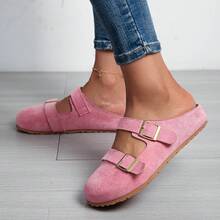 Suede Double Buckle Mule Slippers, Flat Closed-Toe Half-Slippers, Sweet And Cool Casual Everyday Slip-On Shoes. - 粉色 - 查看 4