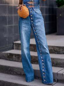 GLOURI Women's Vintage Button Front High Waist Straight Leg Jeans / With Pockets & Medium Wash Antique Brass Button-Fly | Classic Yet Chic Denim For Casual Work & Weekend - 藍色 - 查看 2