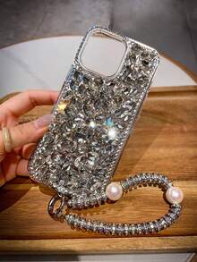 1PC Luxury Bling Bling Crystal Diamond-Studded Phone Case With Pearl Rhinestone Spinning Wheel Wrist Lanyard, Shockproof Hard Back Cover Compatible With IPhone 16 15 Plus 13 17 Pro Max & Galaxy S26 S25 Ultra A56 A16 & Redmi 15C - Elegant Gift For Women's Special Occasions - White Diamond Case + Bracelet - View 7