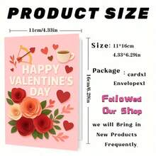 1pc Happy Valentine's Day Roses And Coffee Cupid Card Greeting Card With Envelope Romantic Floral Heart Design Perfect Card For Valentine's Day Celebrations, Ideal For Friends, Colleagues, Partners, Sending Love And Warm Wishes - Multicolor - View 4