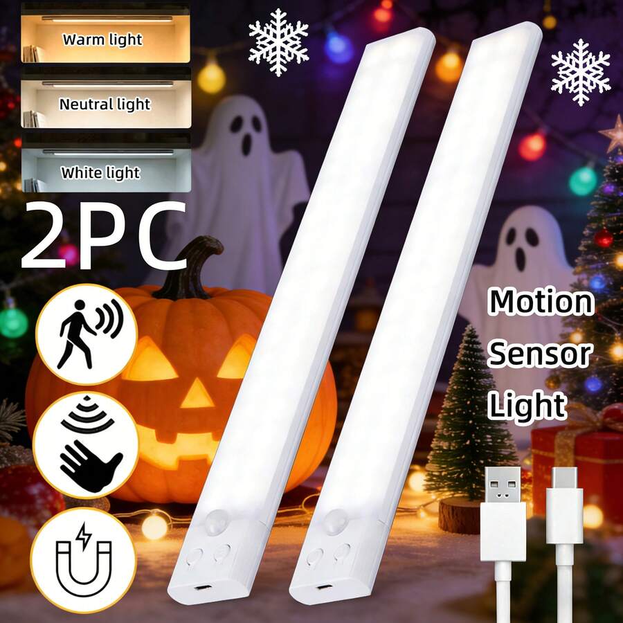 2pcs USB Rechargeable LED Motion Sensor Lights, Super Thin Wireless Under Cabinet Lighting, 3 Color LED Strip, Suitable For Kitchen, Closet, Stairs, Hallway, Emergency Lighting, Christmas, Halloween Gifts