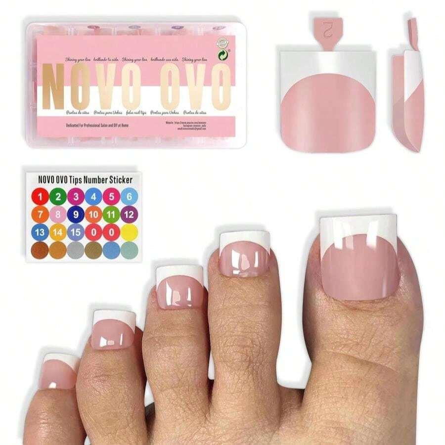 NOVO OVO Press On Toenails, Toe Nail Press Ons For Women, White French Tip Sharp Square Pre-Designed Soft Gel Thick False Toenail Extension, BABY PINK Full Cover Acrylic For DIY X 15 Sizes 150 Pcs - ColorK - 查看 1