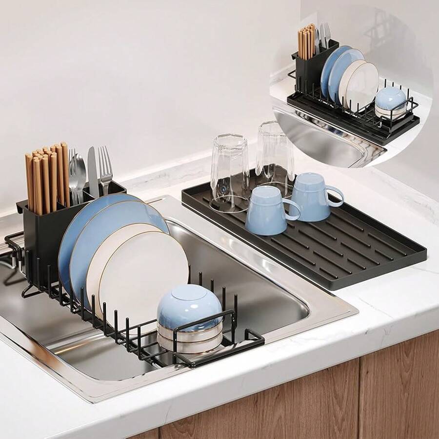 MAJALiS Escurridor de Trastes Acero Inoxidable para sobre Fregadero y Mostrador, Escurridor de Platos con Porta Utensilios y Porta Vasos, Fregadero Cesta para Lavar Platos, Frutas, Verduras, Plateado - Pequeño-Negro - Ver 1