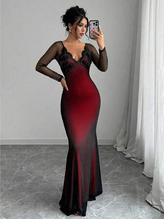 Alla hjärtans dag sexig v-ringad kontrastfärgad spets rygglös korsband sjöjungfrufåll åtsittande transparent långärmad klänning