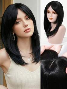 Tapa-Ralos para Cabelos Finos 16 polegadas Peças de Cabelo para Mulheres Tapa-Ralo Adicionando Volume Extra de Cabelo, Peça de Cabelo Preto Natural Liso Super Macio para Uso Diário