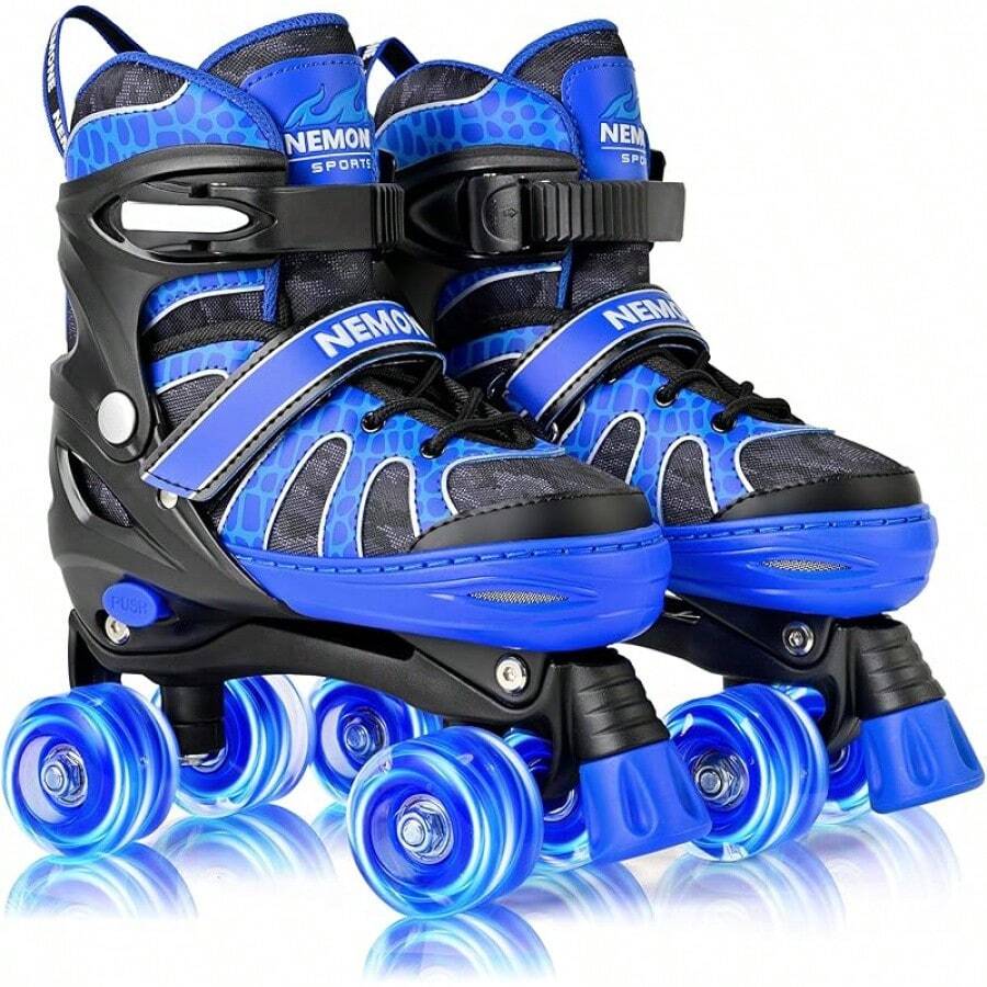 NewNEMONE Mermaid 4 Size Adjustable Light Up Roller Skates For Girls, Purple Blue Skates For Toddlers, Beginner Kids Butterfly Roller Skates Indoor OutdoorSeasonal Gifts - G-恐龍-藍色 - 查看 1