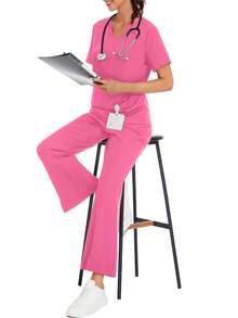 cimmuovere 女士V领双口袋短袖上衣和四口袋喇叭裤套装，两件套。尺码齐全，从标准尺码到加大尺码均有供应。春季款 - 玫紅色 - 查看 9