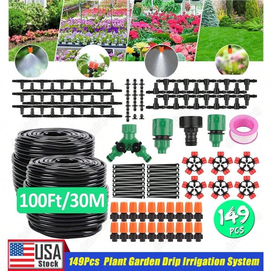 100FT Drip Irrigation System Garden Plant Self Watering Micro Hose Sprinkler Kit - như hình ảnh - Xem 1