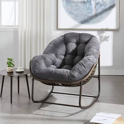 Silla mecedora de ratán para exteriores, silla reclinable con cojín acolchado para exteriores, para porche delantero, sala de estar, patio, jardín. 
 Blanco M4QV