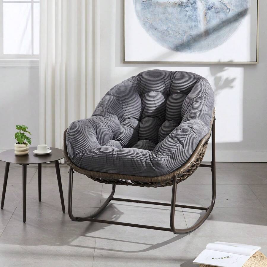 Outdoor Rattan Rocking Chair, Reclining Chair With Padded Cushion For Front Porch, Living Room, Patio, Garden.
White M4QV - Grey+ Steel + Cotton - View 1
